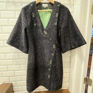 Ganni Black Green Sparkle Top Coat Dress Snap Size 40 EU 8 US